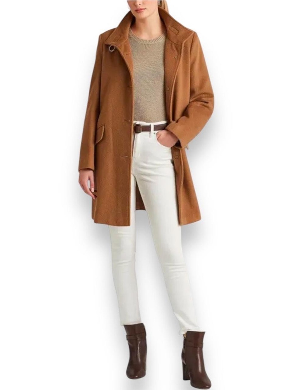 Lauren Ralph Lauren Buckle Collar Wool Blend Walker Coat Camel